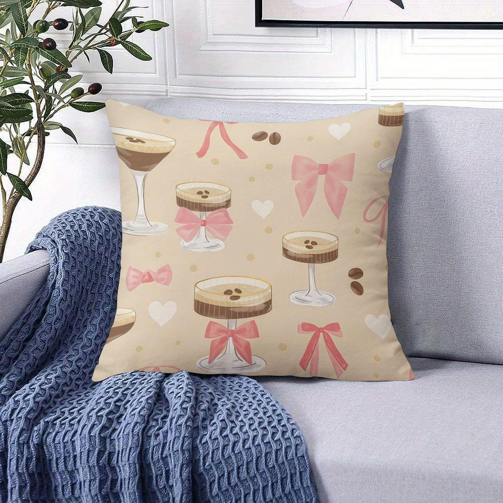 Coffee Drinks with Bows square Jacquard Pillow Cover for Sofa Office Waist Cushion Cover Home Decorative Pillowcase