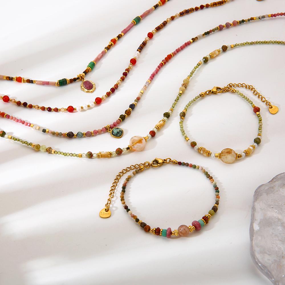 Delicate Jewelry Stainless Steel Mix Color Beads Natural Stones Charms Beaded Bracelet Necklace for Party