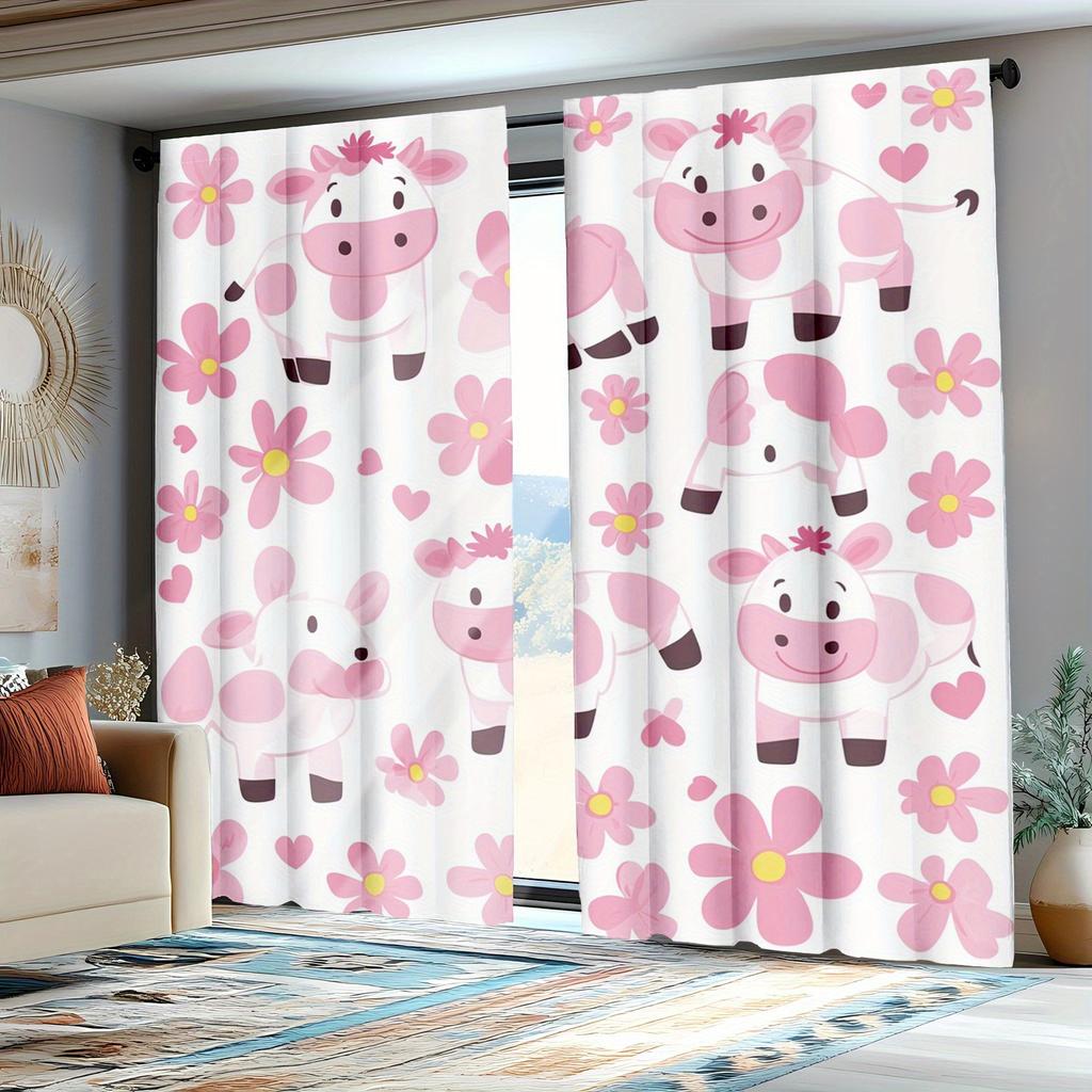 Boho Farmhouse Daisy Curtains Pink Milk Cow Style Living Room Decorative Set Of 2 Made Polyester Decor