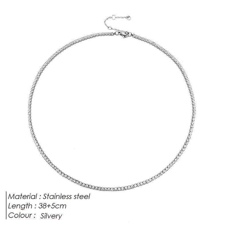 Emanco Fashion Fashion Single Row Diamond Necklace round Zircon Tennis Clavicle Chain Neck Chain Direct Selling Steel Color
