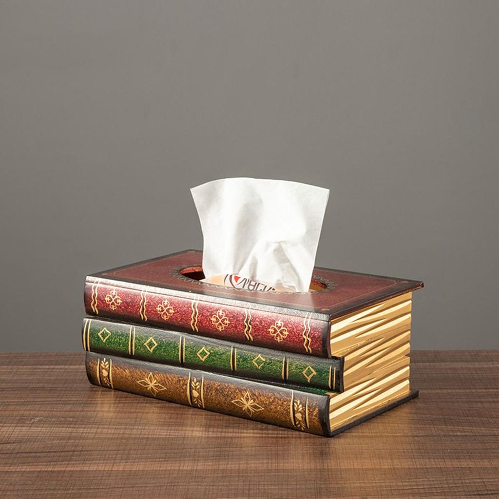Wooden Antique Book Shaped Napkin Box Tissue Holder Wipes Storage Case Paper Towel Dispenser