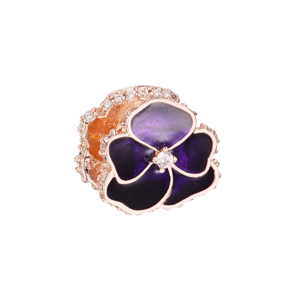 2022 New 925 Sterling Silver Deep Purple Pansy Flower Charm Beads Fits Europe Bracelet Women DIY Jewelry Making Accessories