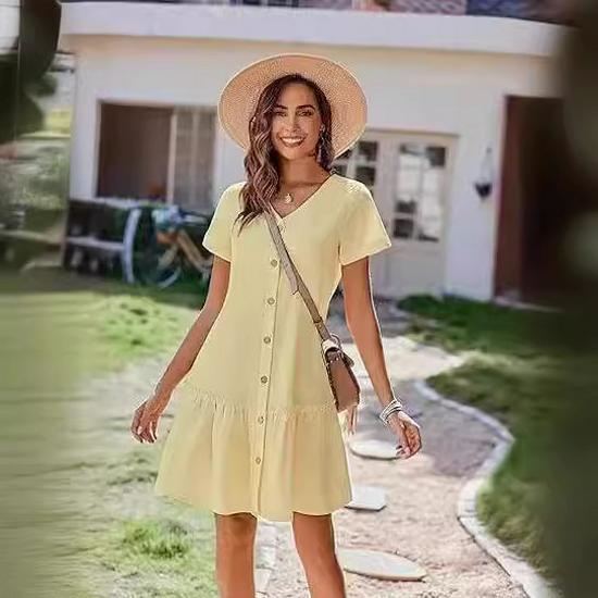Women's Summer 2025 Casual Ruffle Hem Pocket Dress with Short Sleeves