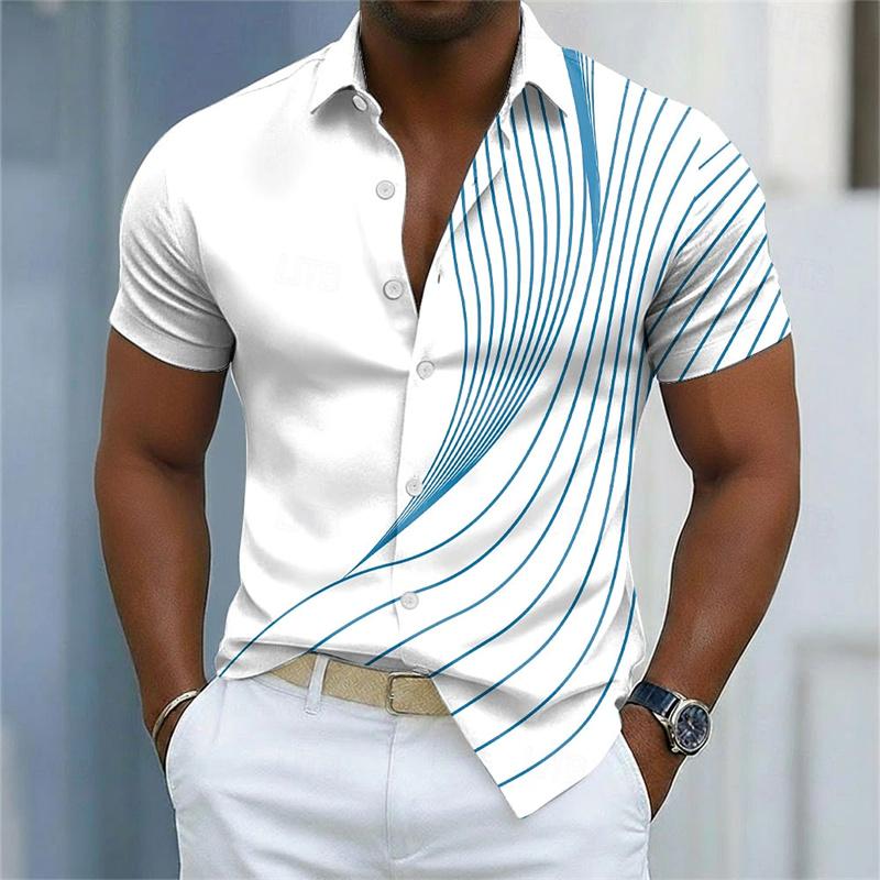Nuova Camicia da Uomo a Maniche Corte Stampa a Righe Curve Bianche e Blu Vestibilità Business Casual Collo a Revers Camicia da Uomo