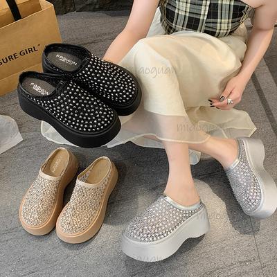 Kristall Pantoletten Plateau Schuhe Damen Mesh Hausschuhe Lässige Flache Sandalen Sommer 2025 Trend Kleid Komfort Keilsandalen Sandalen Größe 35