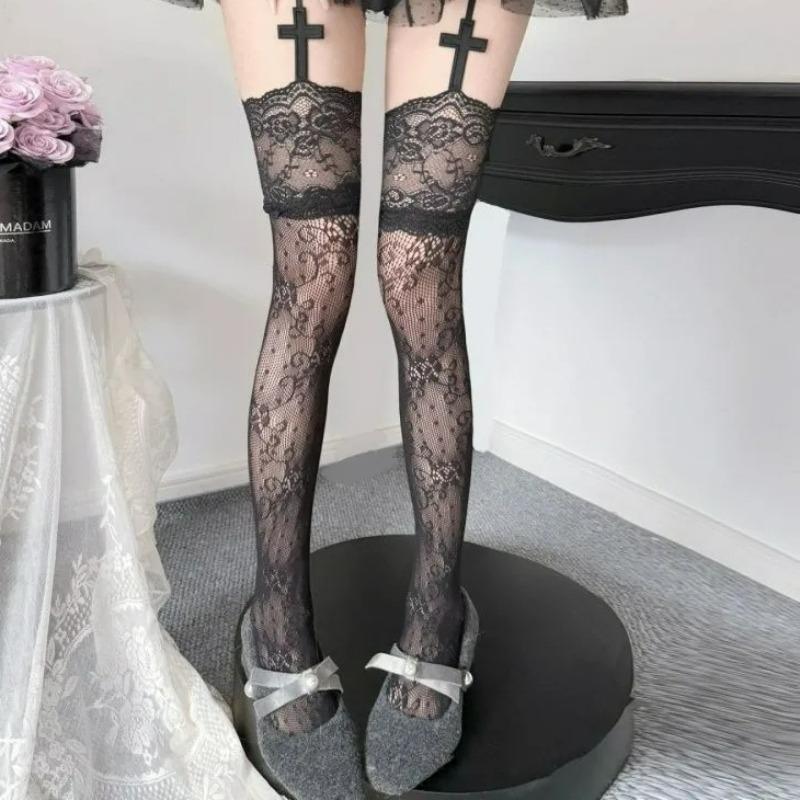 Punk Cross Lace Women Stockings Tights Hollow Out Flowers Black Cross Flora Mesh Girls Long Stockings Pantyhose Daily Party Wear