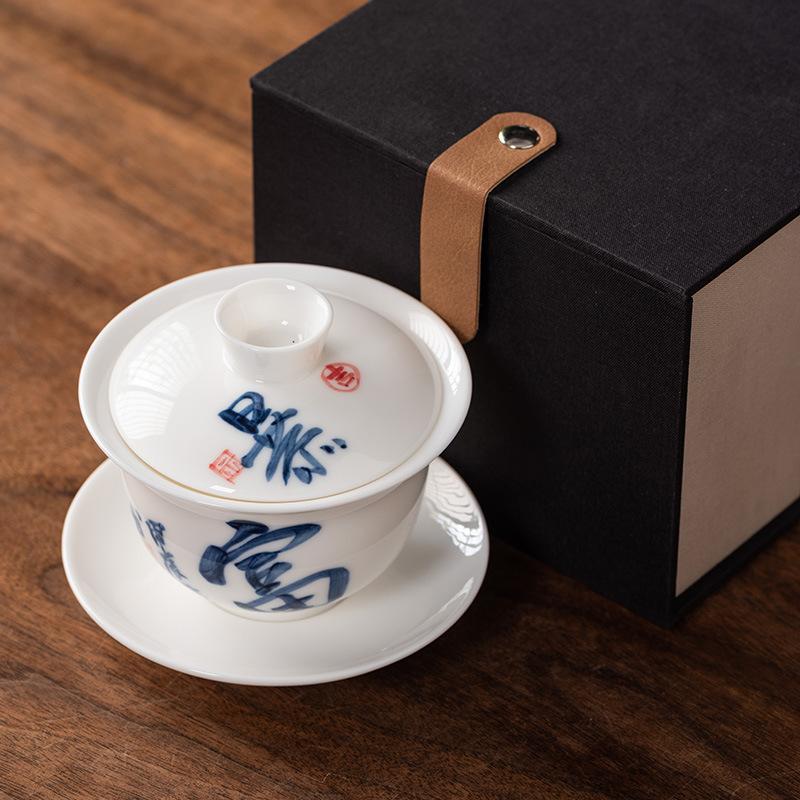 Hand-painted Suet Jade Porcelain Three Talents Cover Bowl Teacup Kung Fu Tea Set Tea Bowl Modern Creative Large-capacity Gifts