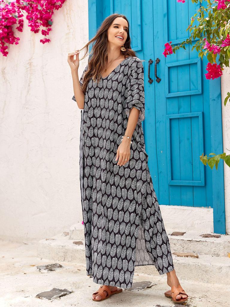 Bedruckter V-Ausschnitt Strandüberwurf: Europäischer & Amerikanischer Stil Lockerer Bademantel für Strandurlaube