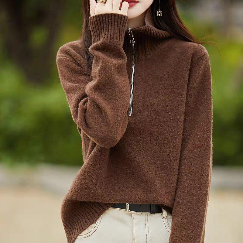 Lapel Women's Fashionable Age-reducing and Slimming Half-open Zipper Sweater Knitted Sweater Thickened Base