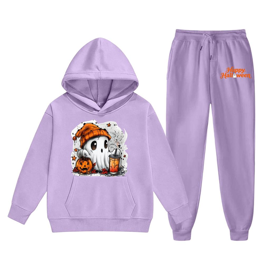 Kids Halloween Hoodie Set Ghost Print Pullover Sweatshirt with Matching Pants Comfortable Fit for Fall and Winter Seasonal Wear