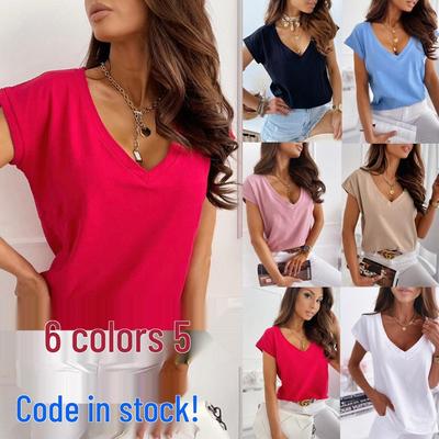 2024 Spring/Summer/Fall Solid Color V-Neck Short Sleeve T-Shirt for Women