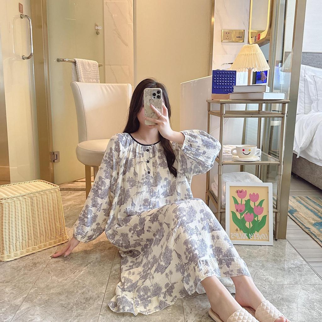 Women's Double-Layer Cotton Gauze Nightgown - Soft, Printed, Long-Sleeve, Mid-Length, Suitable for Spring and Autumn Wear