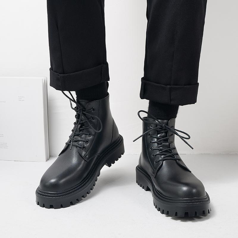 Martin boots British winter velvet medium top leather shoes black casual boots short boots high top 37 чёрный