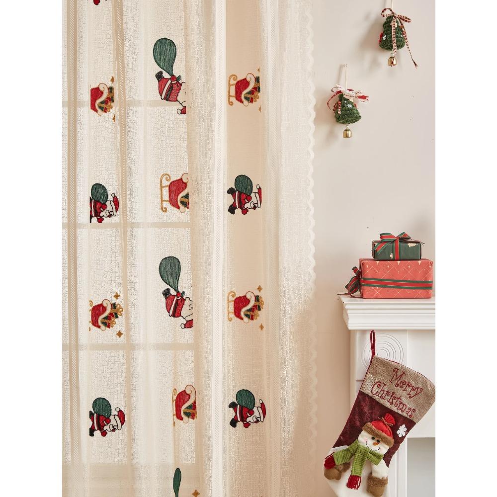 Khaki vyšívané závěsy s motivem Santa Clause, závěsy pro párty a sváteční atmosféru