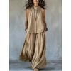 Completo Casual Estivo da Donna a Due Pezzi: Camicetta Senza Maniche con Bottoni e Pantaloni a Gamba Larga