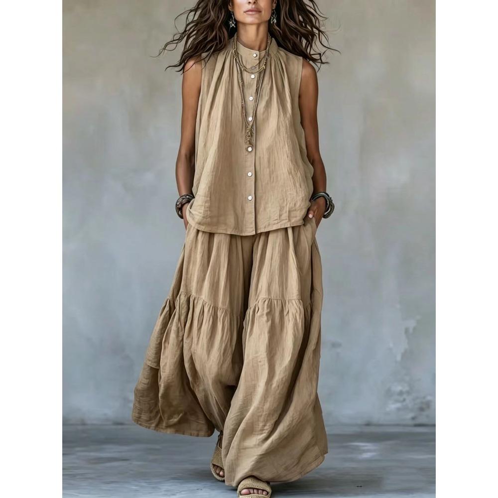 Completo Casual Estivo da Donna a Due Pezzi: Camicetta Senza Maniche con Bottoni e Pantaloni a Gamba Larga