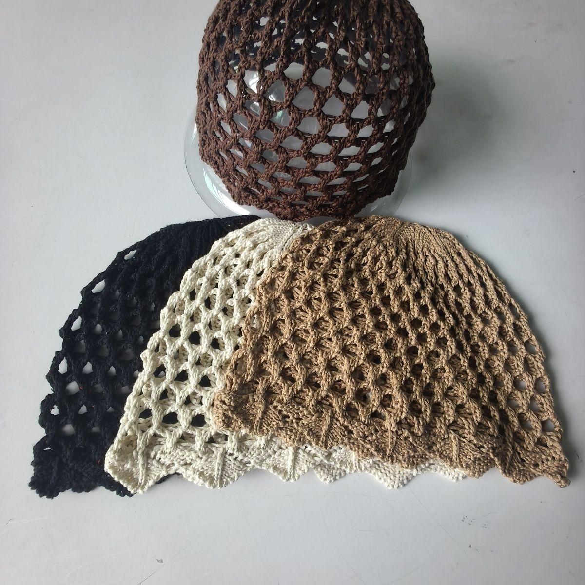 

Summer Thin Knit Handmade Head Wrap Flower Retro Literary Breathable Hollow Versatile Crochet Woven Hat One Size бежевий