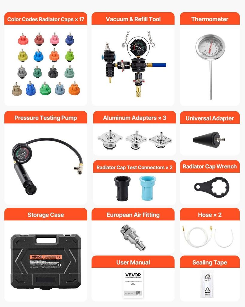 Coolant Pressure Tester Kit, 47Pcs Radiator Vacuum Refill Kit with 3 Metal Adapters, Universal Fit, Automotive Cooling System Pressure Tester Tool,