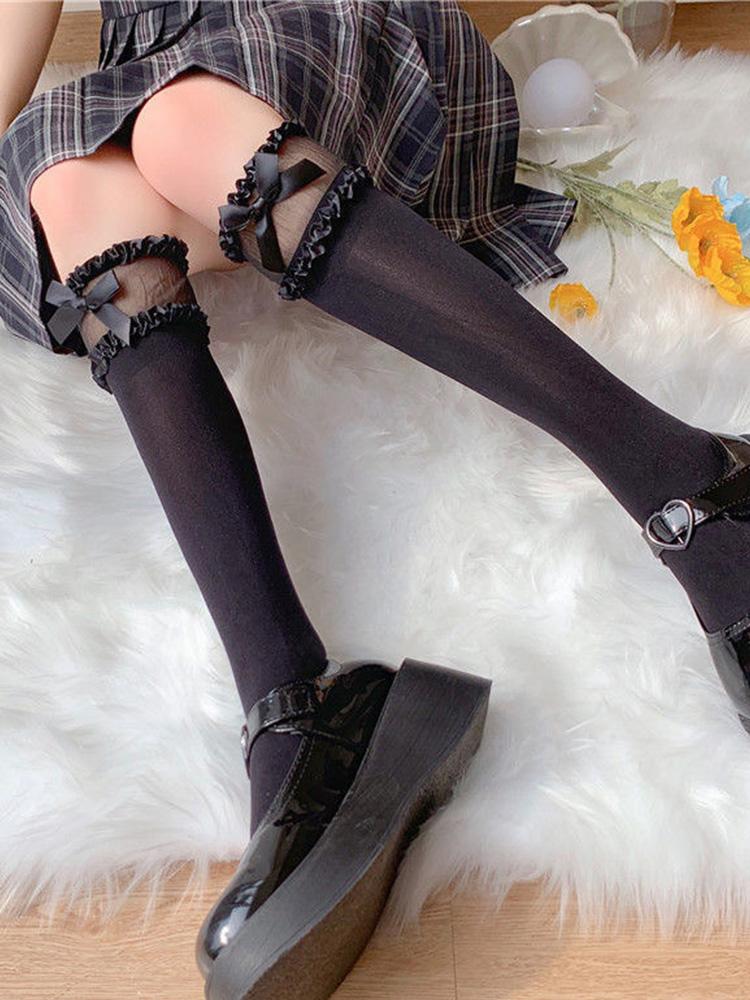 Japanese Lolita Cute Lace Middle Socks Velvet Versatile Glass Stockings with Bow White JK Calf Socks Women Sexy Stockings
