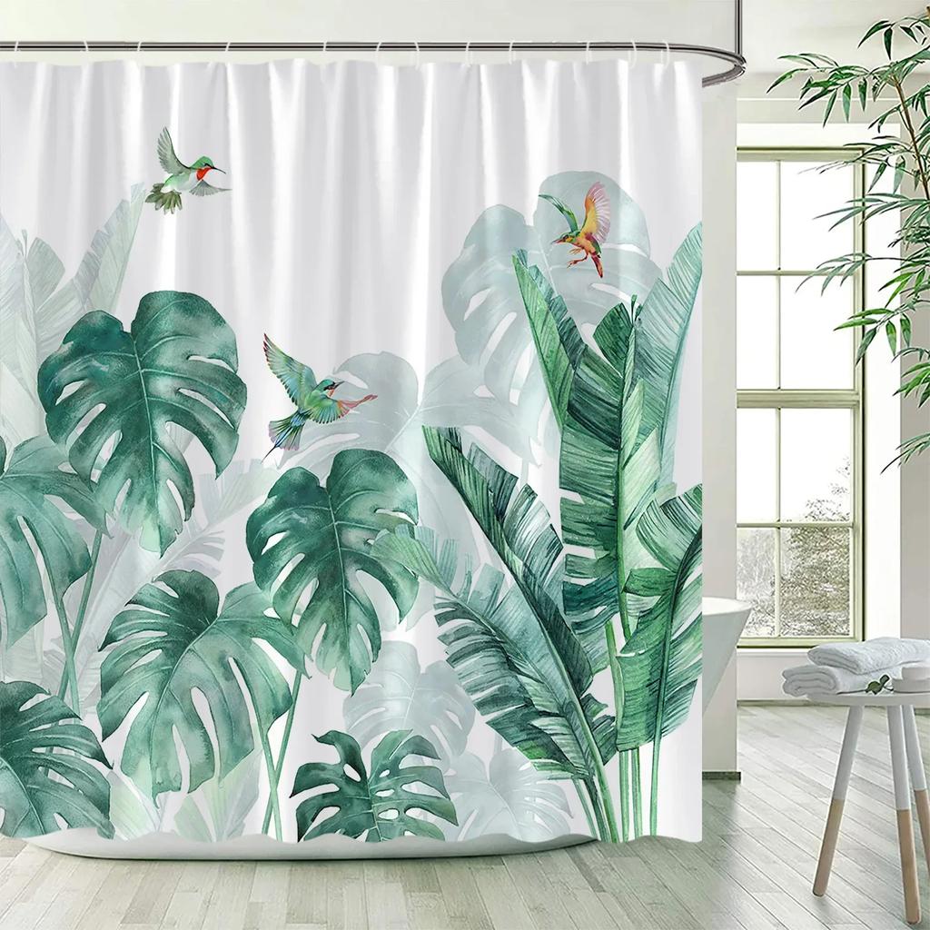 Tropical Plants Floral Shower Curtains Beige Green Palm Leaves Flowers Nordic Decor Bathroom Polyester Bath Curtain with Hooks