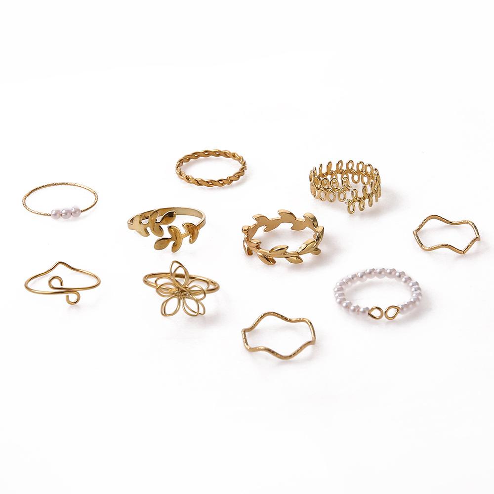 Hollow Flower Set Ring Simple Glossy Leaf Vine Ring 10-piece Set