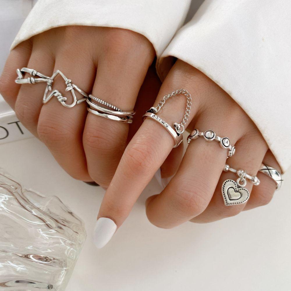 IF ME7 Pcs/set Punk Style Fashion Adjustable Rings Set Heart Silver Ring for Women Jewelry Accessories