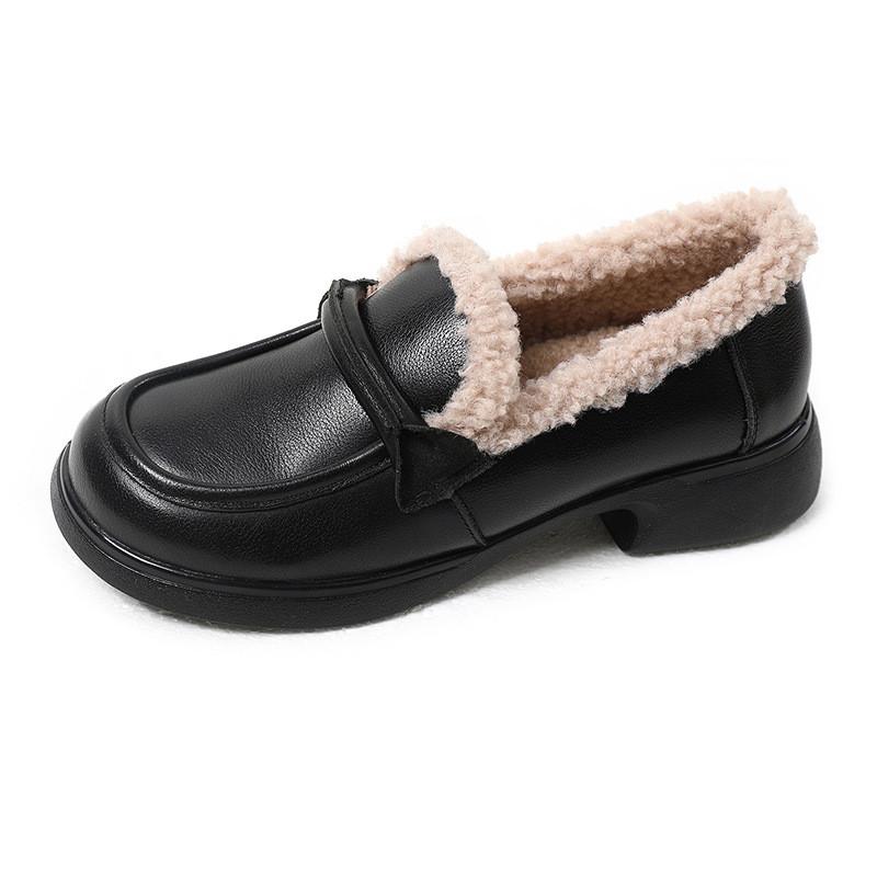 Fashion GKTINOO Women Loafers Genuine Leather with Warm Plush Shoes Square Heels Classic Fashion Winter Leather Shoes Women Big size 42