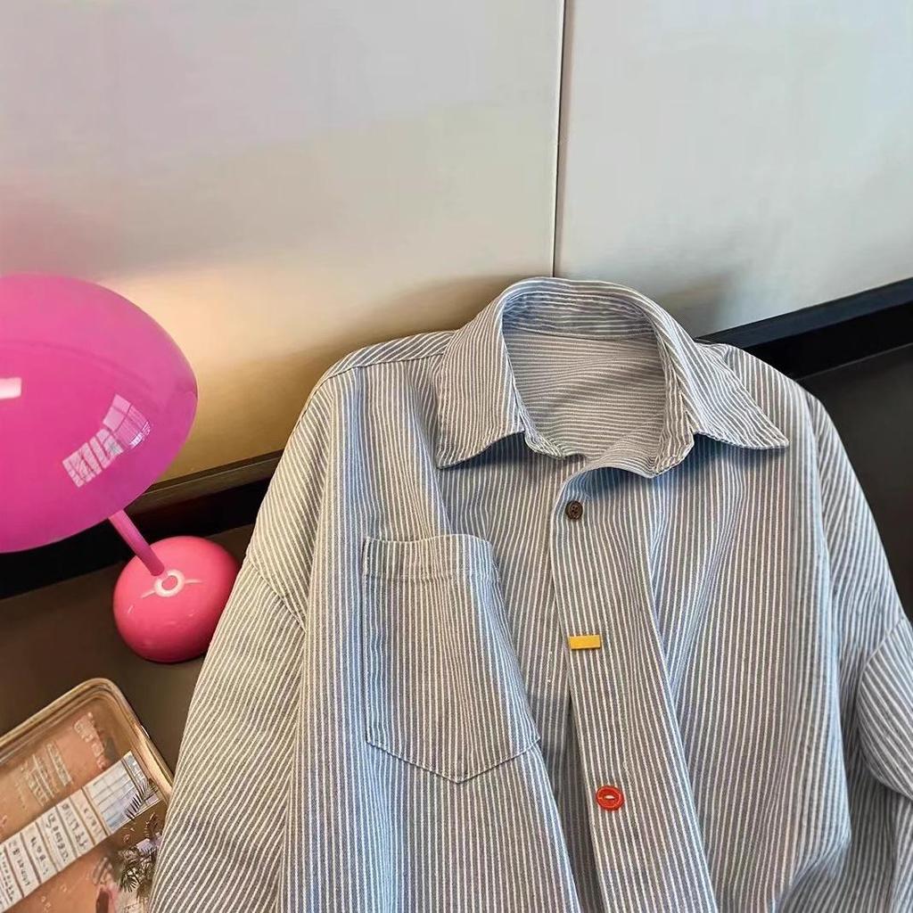 Retro Colorblock Denim Gestreiftes Oversized Polokragenhemd - Langarm, Bunte Knöpfe