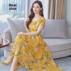 Korean Summer Floral Short-Sleeve Dress - Women's Slim Round Neck Swing Skirt
