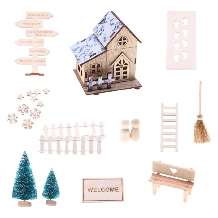 Interactive Wood Christmas Doll House Assembly Set with Miniature Furniture and Accessories LED Light Craft Model Cabin