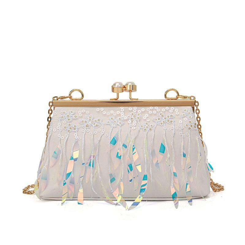 Vintage High-end Women s Bag Fashionable Sequined Tassel Single-shoulder Cross-body Internet Celebrity Niche Dinner белый