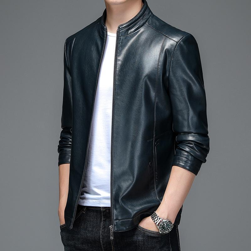 Nová podzimní a zimní bunda z pravé kůže Pánský úzký límec s krátkým stojáčkem Pánská kožená bunda středního věku Bunda z pravé kůže