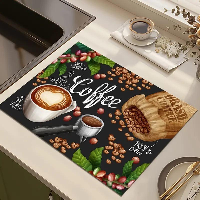 Creative Coffee Print Kitchen Drying Mat Soft Rubber Non-Slip Absorbent Stain-Resistant Mats for Coffee Bar Countertops Dish Mat