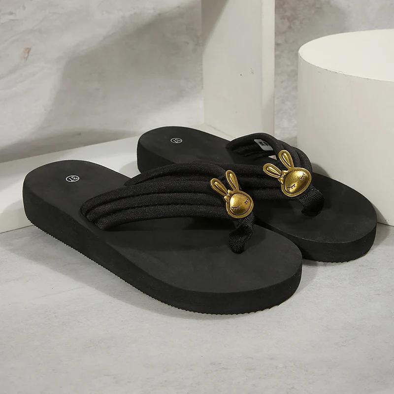 Fashion Simple Style Rabbit Shape Flip Flops Women Summer Lightweight Wedges Slippers Female Vacation Beach Soft Bottom Sandals Mujer