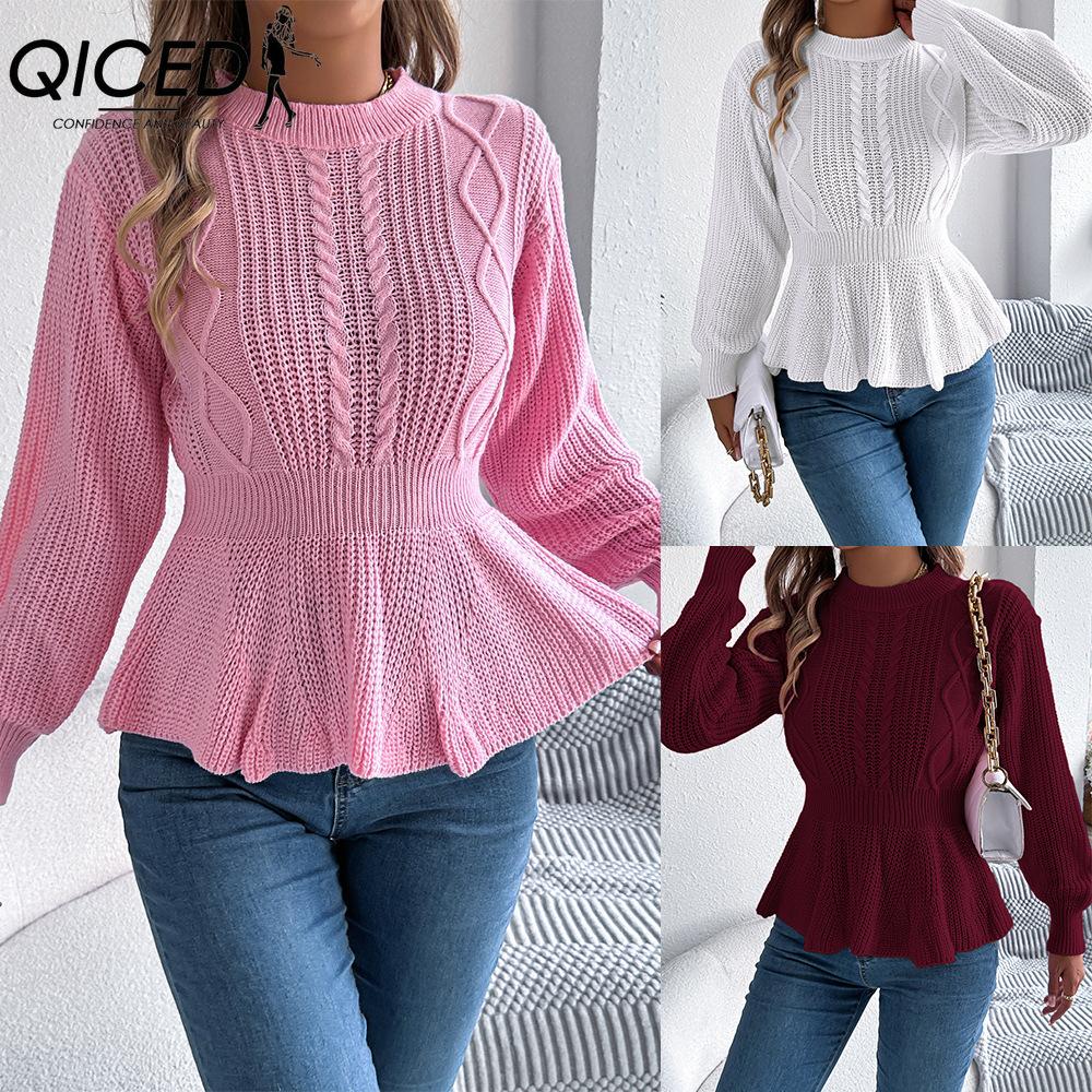 QICED Autumn and Winter Solid-color Braided Waist-cinched Ruffled Long-sleeved Pullover Sweater for Women
