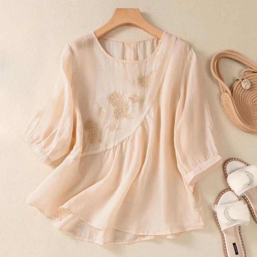 New Shirt T-shirt Summer Solid Color New Style of Literary Retro Embroidered Cotton Linen Shirt Loose Round Neck Pullover Top