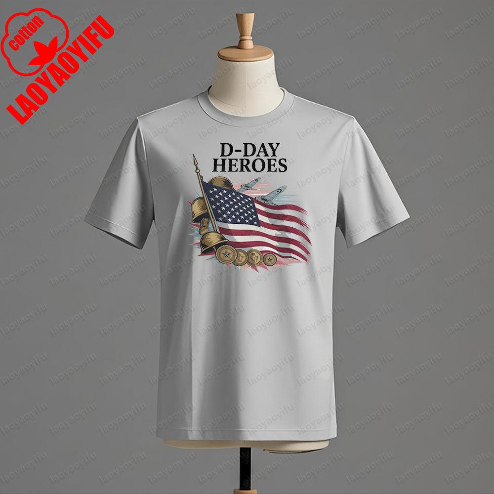 D Day Heroes T Shirt American Flag WW2 Tshirt Military Apparel Veteran Remembrance Day T Shirt Men Crewneck Cotton Short Sleeve