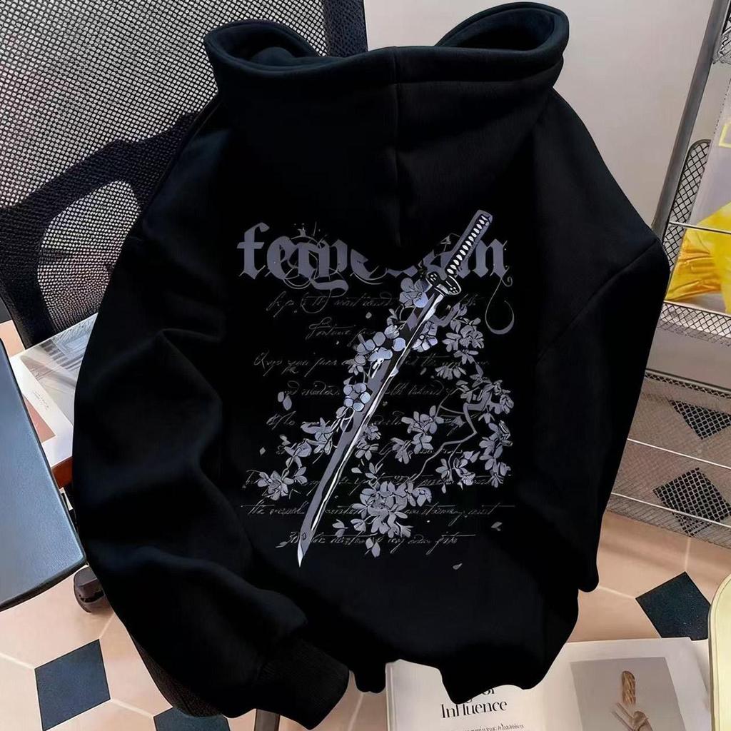 Męska bluza z kapturem w stylu vintage z nadrukiem miecza i kwiatów wiśni, z podszewką z polaru, luźny krój, modna kurtka jesienno-zimowa