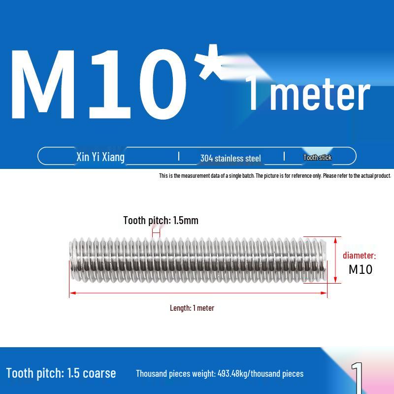 304 Stainless Steel Full Threaded Rod, 1 Meter, available in sizes M3, M6, M8, M10, M12.