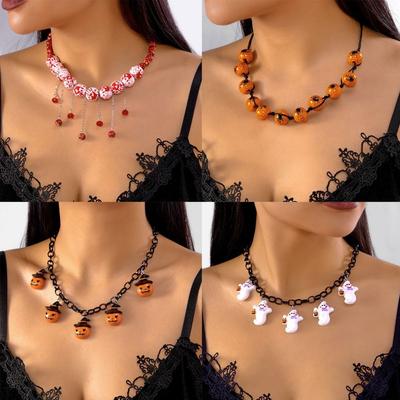 Gresskarmønster Blodrødt Trykk Halskjede Mørkt Edderkoppdesign Duskhalskjede Halloween-fest