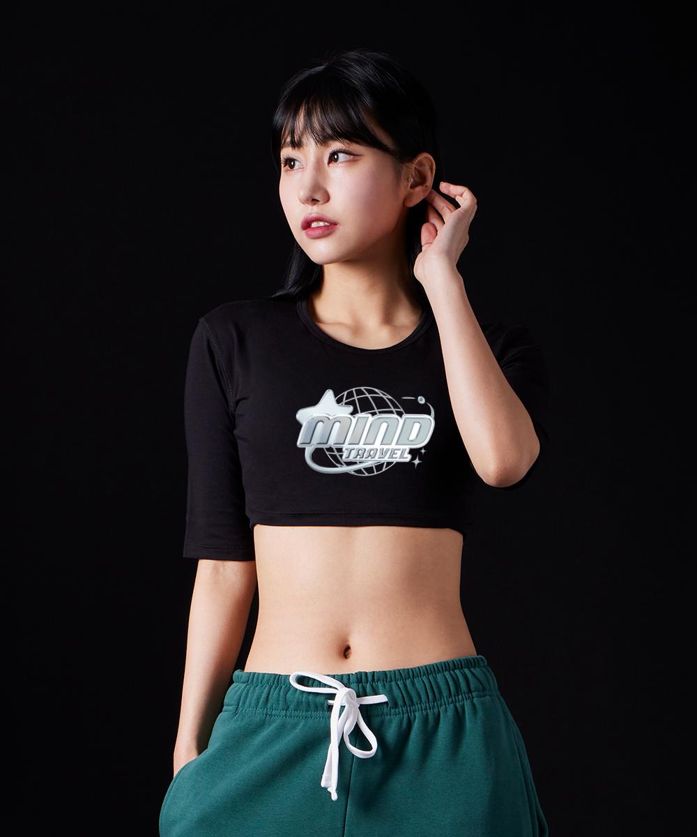 Astral Projection Mind Travel Supima Spandex 5-Quarter Sleeve Short Crop Top_Black Free