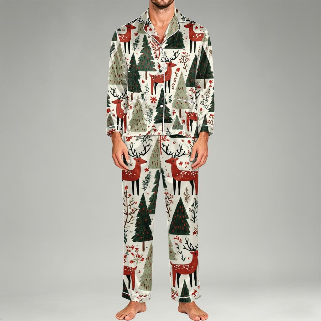 Men's Long Sleeve Button-Down Pajama Set, 2-Piece Sleepwear Loungewear with Pants for Home and Bedtime