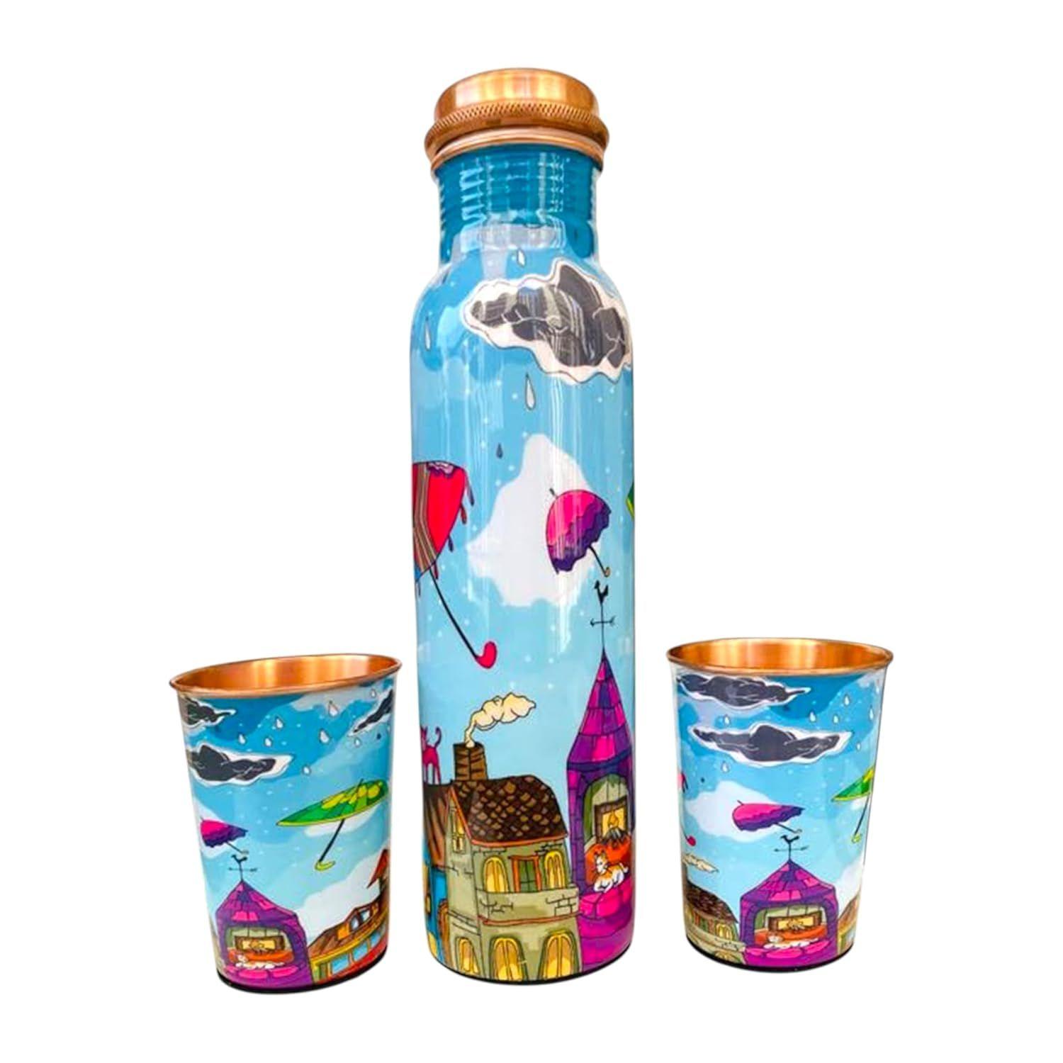 

Embracing Rainy Delight Meena Print Copper Water Bottle Set | Handcrafted Tamba Bottle with 2 Glasses | Premium Copper Water Bottle for Home Décor