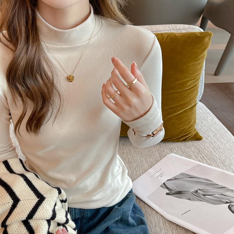 Womens Thickened Half Turtleneck Base Layer Top Soft Brushed Thermal Long Sleeve Slim Fit Solid Color Korean Style