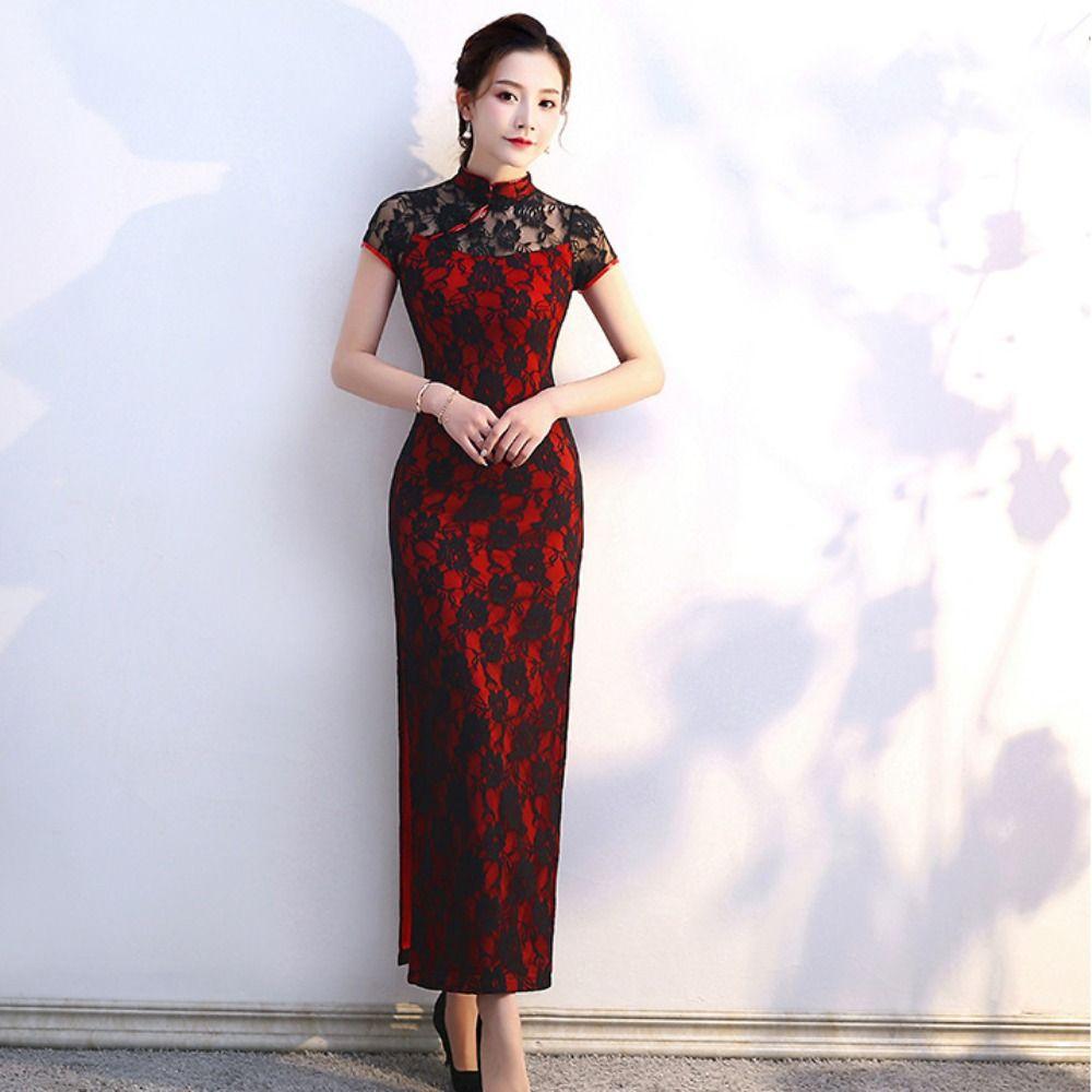 Vintage Chinese Cheongsam Retro Long Fork Cheongsam Elegant Lace Cheongsam  Costume