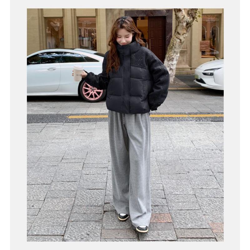 Women Stand Collar Short Spliced Windproof Padded Coat Warm Winter Casual Outerwear