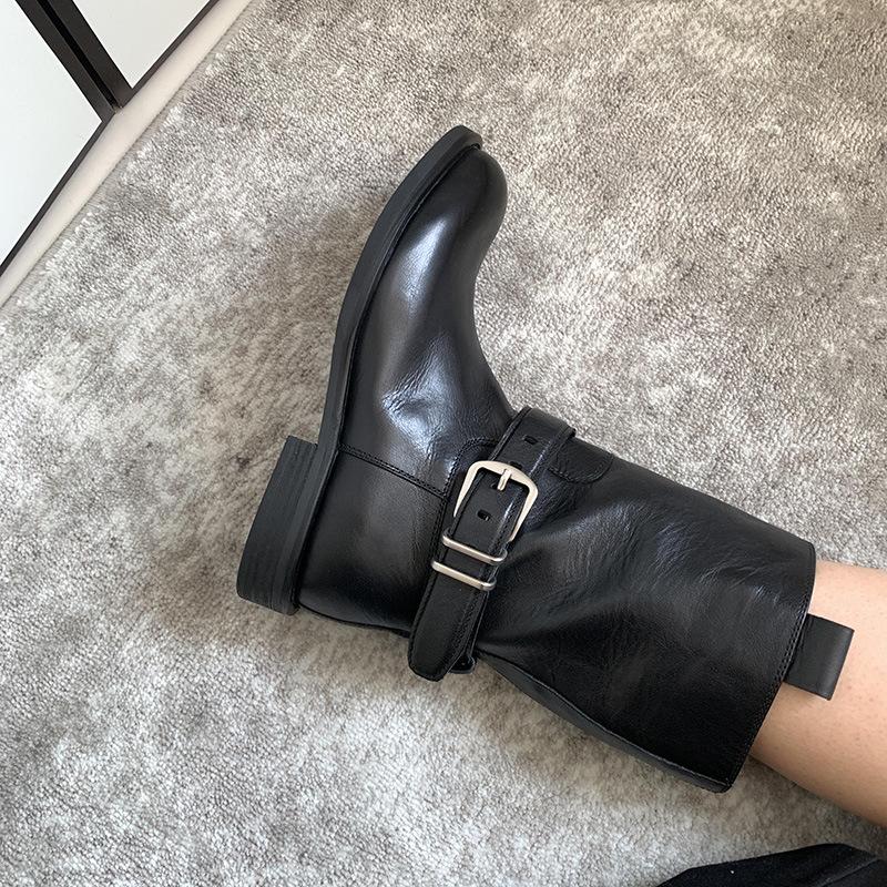 

Версия из вымытой коровьей кожи~ Ретро облегающие прямые рыцарские сапоги женские сапоги с пряжкой на ремне до колена на толстой подошве на толстом каблуке сапоги-трубы 40