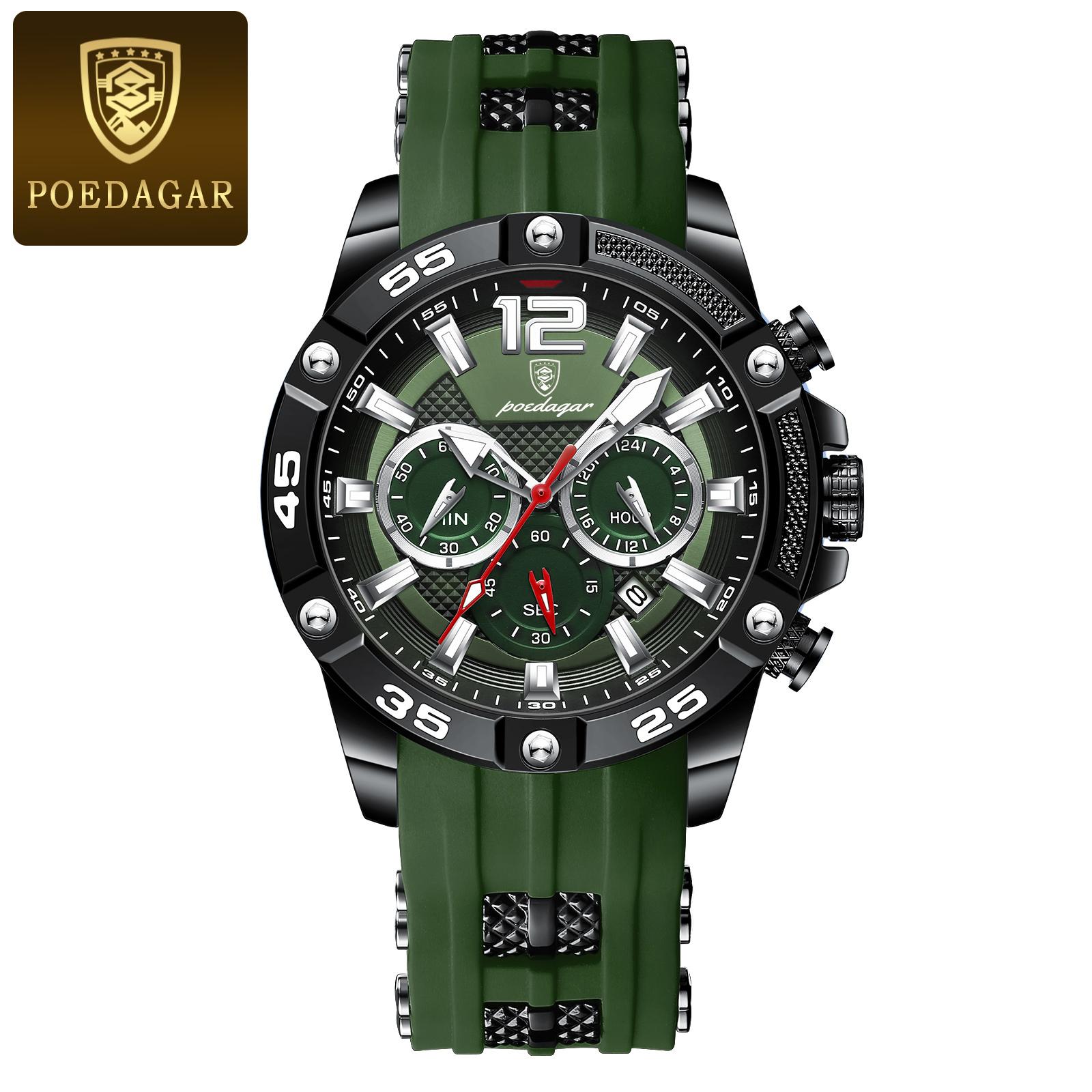 POEDAGAR Luxury Man Wristwatch Sports Chronograph Silicone Strap Watches Waterproof Luminous Date Quartz Watch Fashion зелёный/чёрный