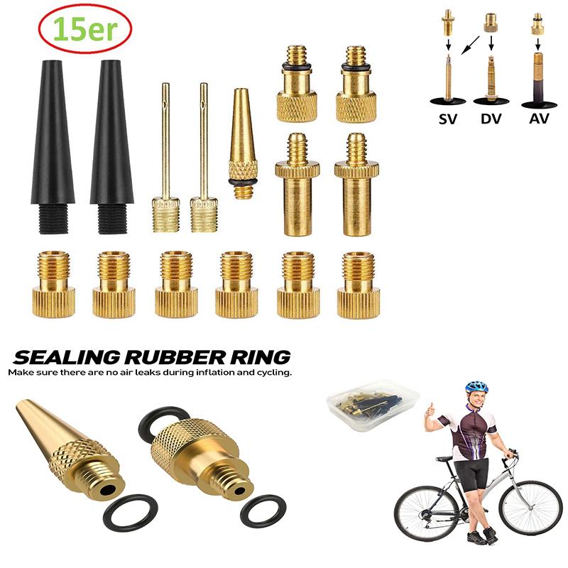 15pcs Copper Bicycle Valve Adapter Set Bike Tire Pump Adapter Kit Inflator Pump Accessory Valve Adapter SV AV DV Bicycle Valve