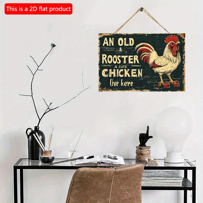 2D Flat Wooden 30*20cm Vintage "An Old Rooster" Wooden Wall Sign Rustic Farmhouse Decorative Plaque with Flax Rope Hanger for Home, Bar, Cafe, Office